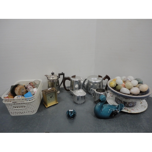 145 - Collection of sundries to include picquot tea set, carriage clock, water pot, mineral eggs and ornam... 