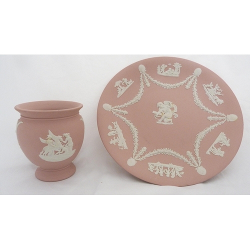 160 - Wedgwood pink jasperware classical themed plate and spill vase. (2)