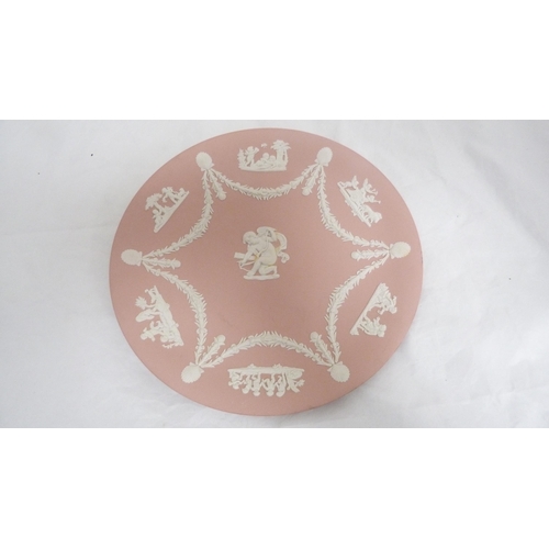 160 - Wedgwood pink jasperware classical themed plate and spill vase. (2)