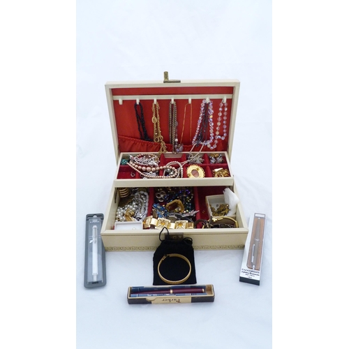 161 - Box of costume jewellery to include chains and brooches, with boxed Parker and Papermate pens.