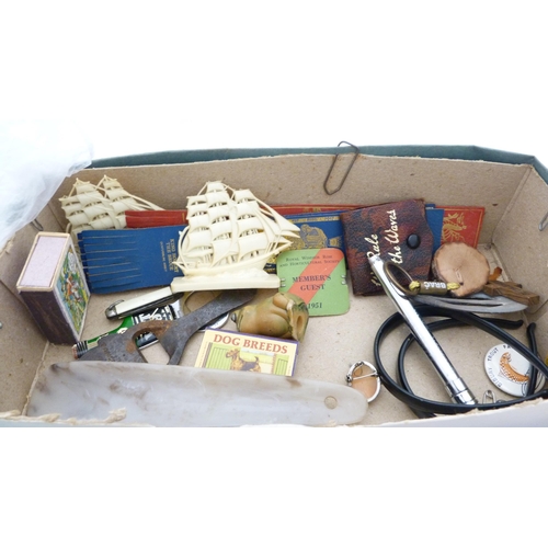 162 - Box of curios to include measuring rule, Swan and Parker fountain pens, Fountain pen with 14ct gold ... 