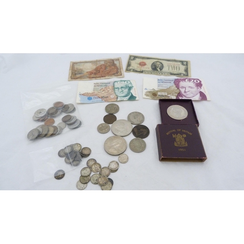 166 - Bag of coinage and banknotes to include George V silver threepences, boxed 1951 Festival of Britain ... 