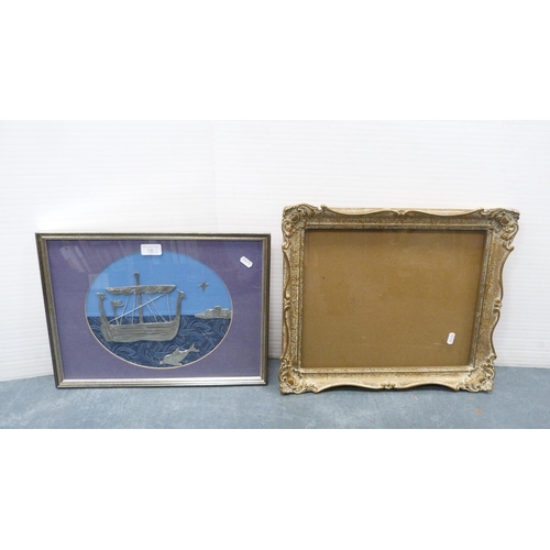 18 - Kate MartinPewter and fabric wall hanging depicting a Viking Longship, framed and glazed, and a pict... 