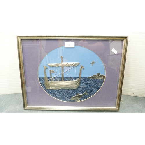 18 - Kate MartinPewter and fabric wall hanging depicting a Viking Longship, framed and glazed, and a pict... 