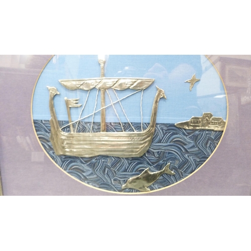 18 - Kate MartinPewter and fabric wall hanging depicting a Viking Longship, framed and glazed, and a pict... 