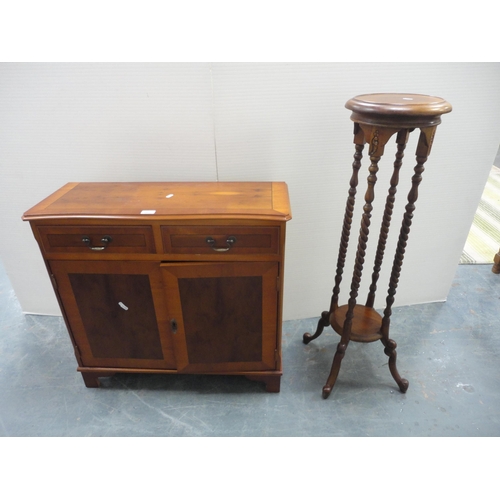 202 - Modern yew wood cupboard, and Reproduction plant stand. (2)