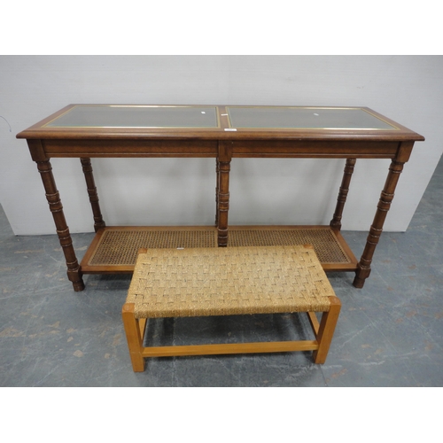 205 - Contemporary glass top table, with string top stool. (2)