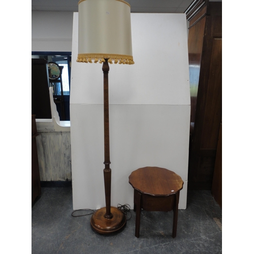 216 - Floor lamp with shade, with oak sewing table. (2)