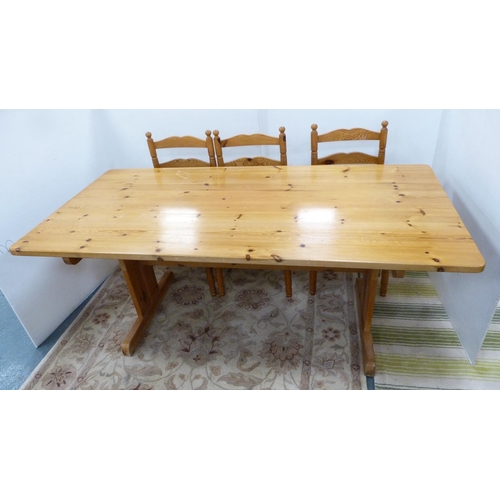 218 - Modern eight piece pine dining room suite, Comprising of dresser, table and six ladder back chairs. ... 