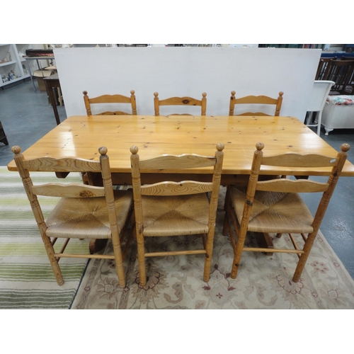 218 - Modern eight piece pine dining room suite, Comprising of dresser, table and six ladder back chairs. ... 