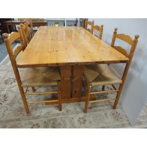 218 - Modern eight piece pine dining room suite, Comprising of dresser, table and six ladder back chairs. ... 