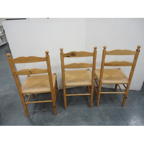 218 - Modern eight piece pine dining room suite, Comprising of dresser, table and six ladder back chairs. ... 