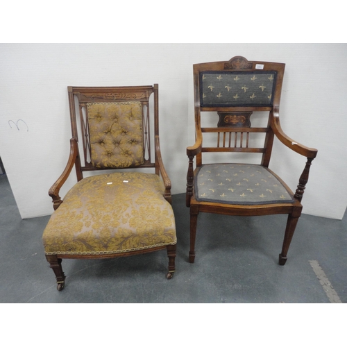 220 - Edwardian inlaid lady's open armchair and a similar nursing chair (a/f).  (2)