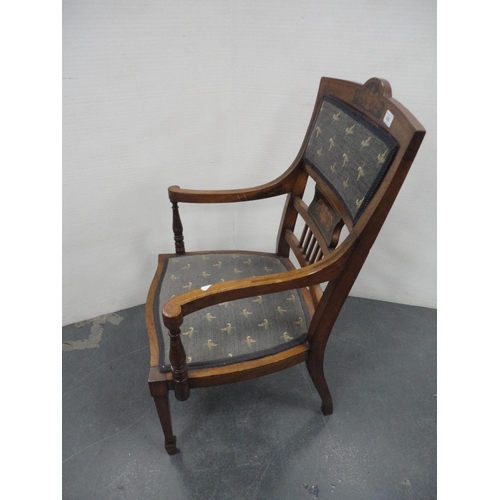 220 - Edwardian inlaid lady's open armchair and a similar nursing chair (a/f).  (2)