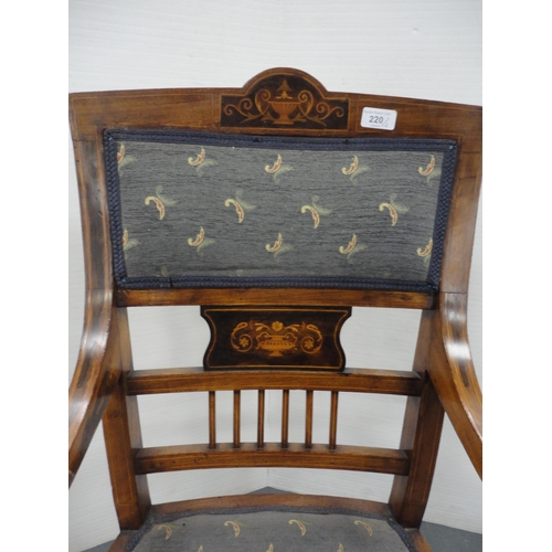 220 - Edwardian inlaid lady's open armchair and a similar nursing chair (a/f).  (2)