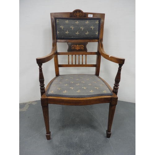 220 - Edwardian inlaid lady's open armchair and a similar nursing chair (a/f).  (2)