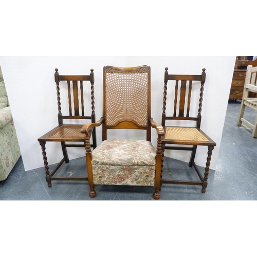 228 - Bergere walnut armchair, with pair of oak side chairs. (3)