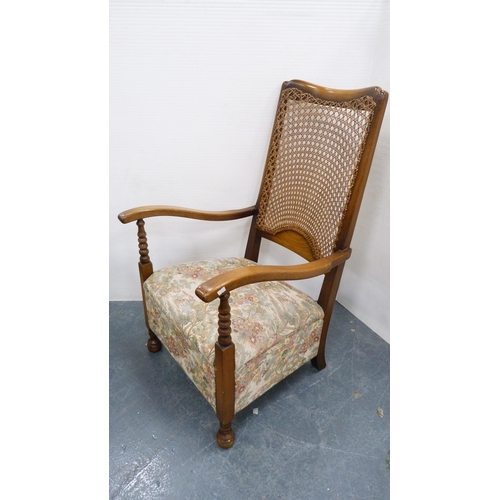 228 - Bergere walnut armchair, with pair of oak side chairs. (3)