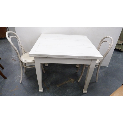 231 - Painted draw leaf dining table, with pair of painted bentwood chairs. (3)