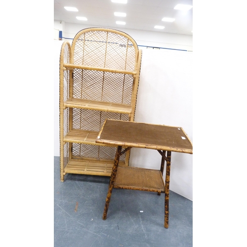 242 - Japanese bamboo two tier occasional table, with wicker open display unit. (2)