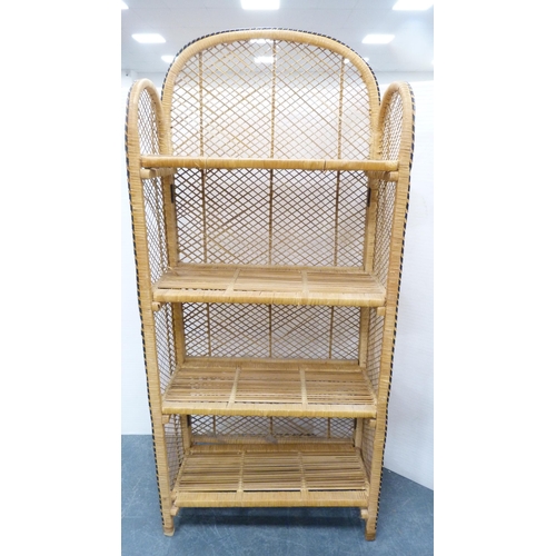 242 - Japanese bamboo two tier occasional table, with wicker open display unit. (2)