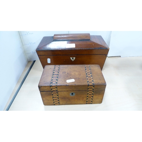 31 - 19th century mahogany and rosewood sarcophagus tea caddy (lacking mixing glass) and a 19th century w... 