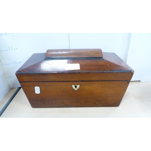 31 - 19th century mahogany and rosewood sarcophagus tea caddy (lacking mixing glass) and a 19th century w... 