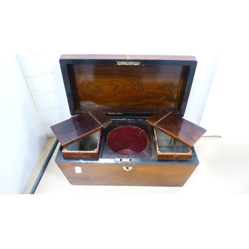 31 - 19th century mahogany and rosewood sarcophagus tea caddy (lacking mixing glass) and a 19th century w... 