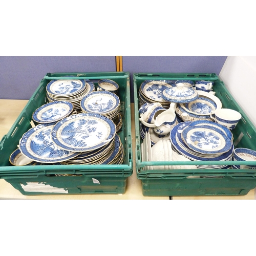 33 - Two cartons containing a large quantity of Booth's 'Real Old Willow' pattern table and dinnerwares, ... 