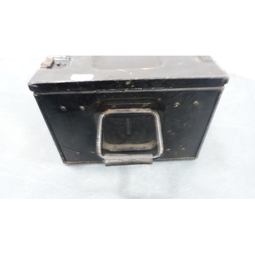 35 - Black painted tin trunk and a bed tray.  (2)