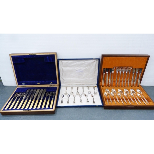 49 - Part canteen of cutlery, cased, set of twelve plated sugar spoons, cased set of six fish knives and ... 