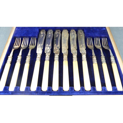 49 - Part canteen of cutlery, cased, set of twelve plated sugar spoons, cased set of six fish knives and ... 