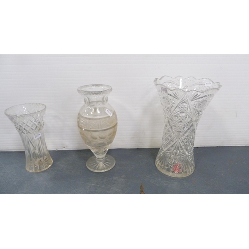 53 - Group of cut glass and crystal to include three decanters and stoppers, small toilet bottle with whi... 