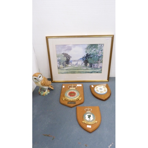 54 - Three RAF Squadron plaques on shield-shaped mounts, watercolour by J Maxwell Stewart, Beswick whisky... 