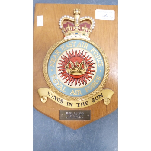 54 - Three RAF Squadron plaques on shield-shaped mounts, watercolour by J Maxwell Stewart, Beswick whisky... 