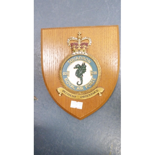 54 - Three RAF Squadron plaques on shield-shaped mounts, watercolour by J Maxwell Stewart, Beswick whisky... 