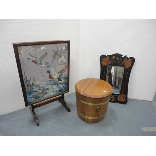 58 - Penwork wall mirror with embroidered fire screen and brass bound depot. (3)