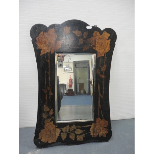 58 - Penwork wall mirror with embroidered fire screen and brass bound depot. (3)