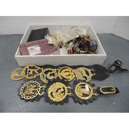 72 - Box of sundries containing horse brasses, costume jewellery and book titled 'Pet Marjorie'.