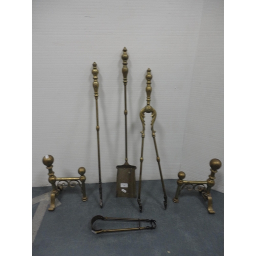 74 - Set of three brass fire irons with set of tongs and pair of brass fire dogs.