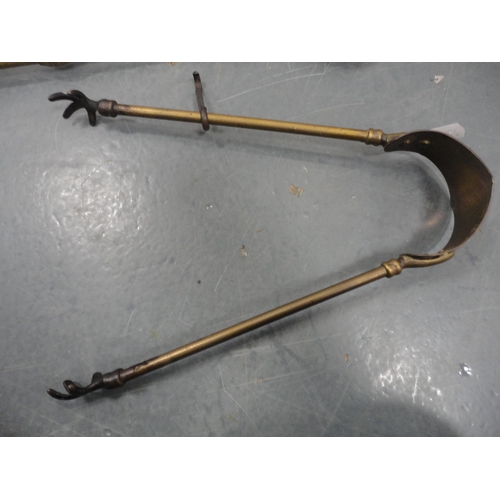 74 - Set of three brass fire irons with set of tongs and pair of brass fire dogs.