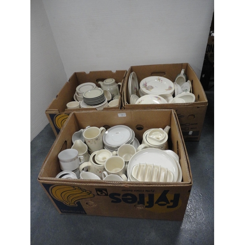 76 - Three boxes of miscellaneous china, tea and dinnerwares.