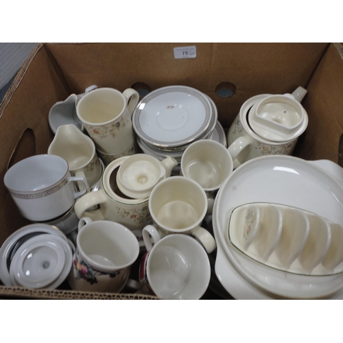 76 - Three boxes of miscellaneous china, tea and dinnerwares.