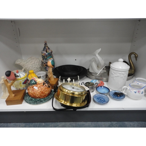 86 - Shelve lot of sundries to include brass swan planter, china, wall clock etc