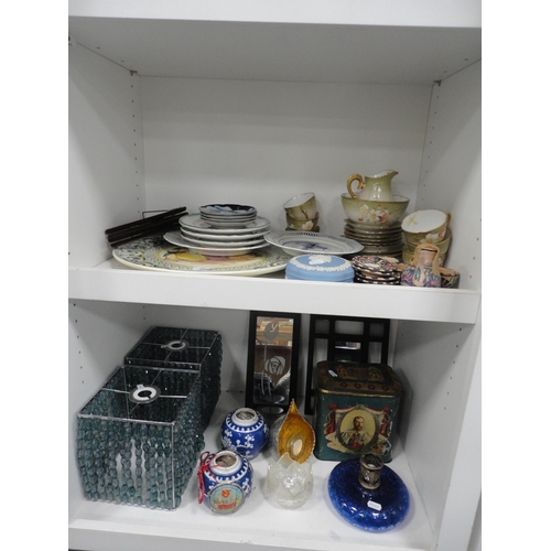 89 - Two shelves of ceramics and sundries to include part floral decorated teaset, Jasperware jar and cov... 