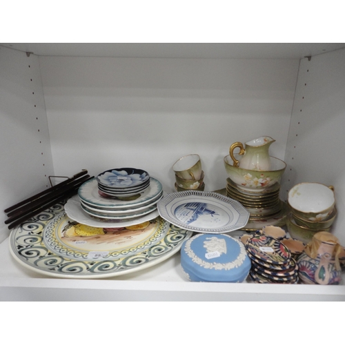 89 - Two shelves of ceramics and sundries to include part floral decorated teaset, Jasperware jar and cov... 