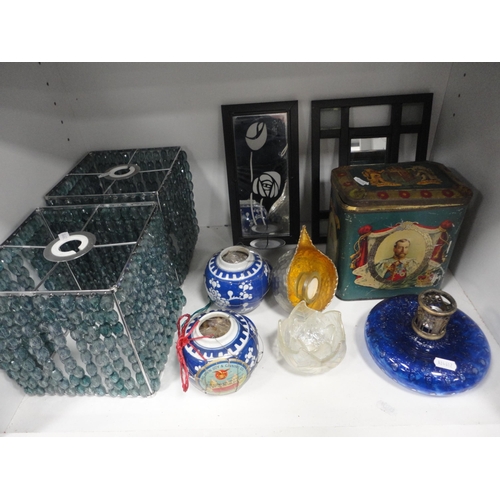 89 - Two shelves of ceramics and sundries to include part floral decorated teaset, Jasperware jar and cov... 