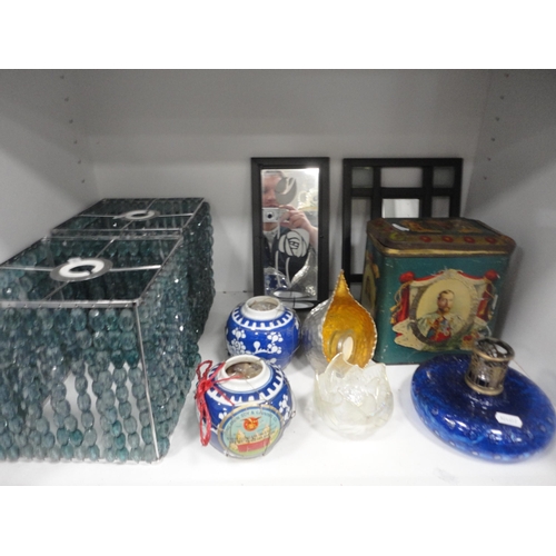 89 - Two shelves of ceramics and sundries to include part floral decorated teaset, Jasperware jar and cov... 