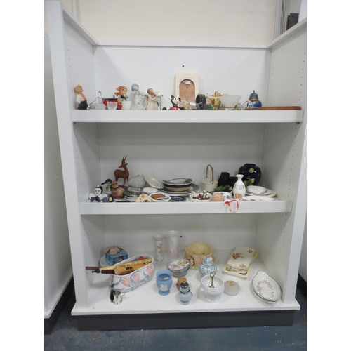 91 - Three shelves of sundry ceramics and glass to include dishes, vases and ornaments.