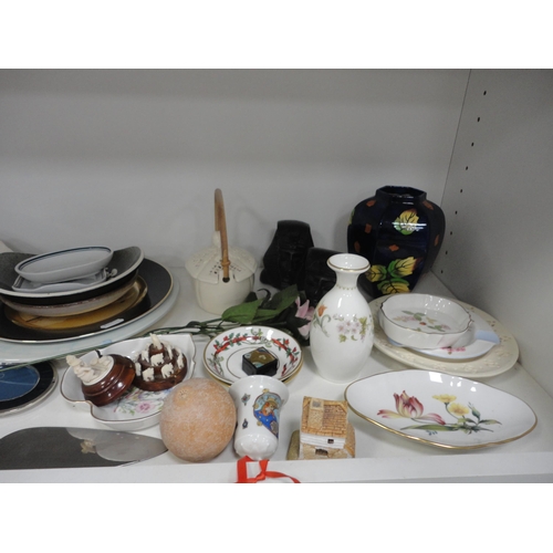 91 - Three shelves of sundry ceramics and glass to include dishes, vases and ornaments.